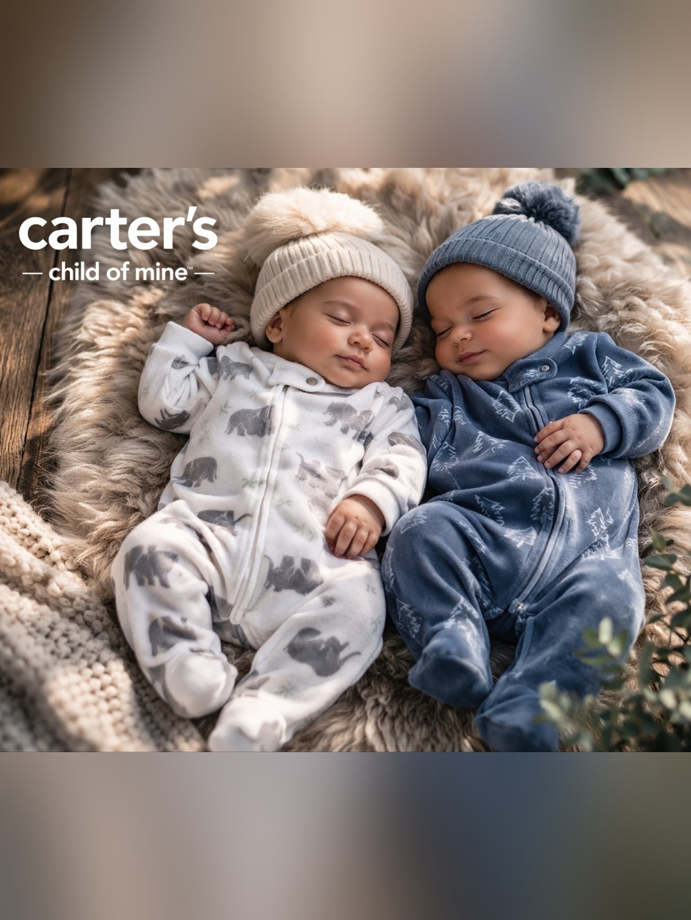 Carter’s Fleece Footed Pajamas Set 0-3M Bear & Tree Zip Sleepers #1896